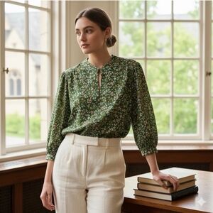 Birds Of Paradis By Trovata Bailey Blouse Green Ivy Floral Small Resort Office